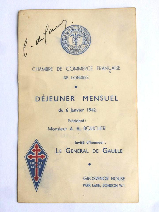 Charles De Gaulle signed WW2 menu
