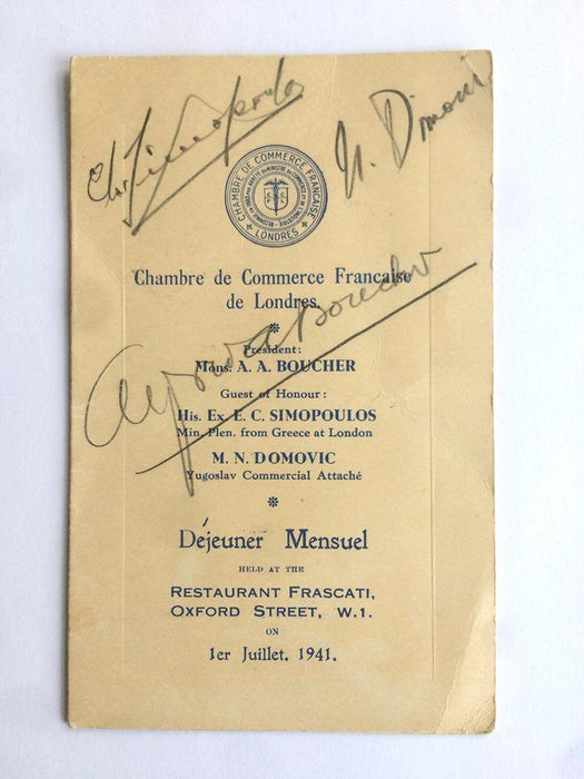 Charles De Gaulle signed WW2 menu