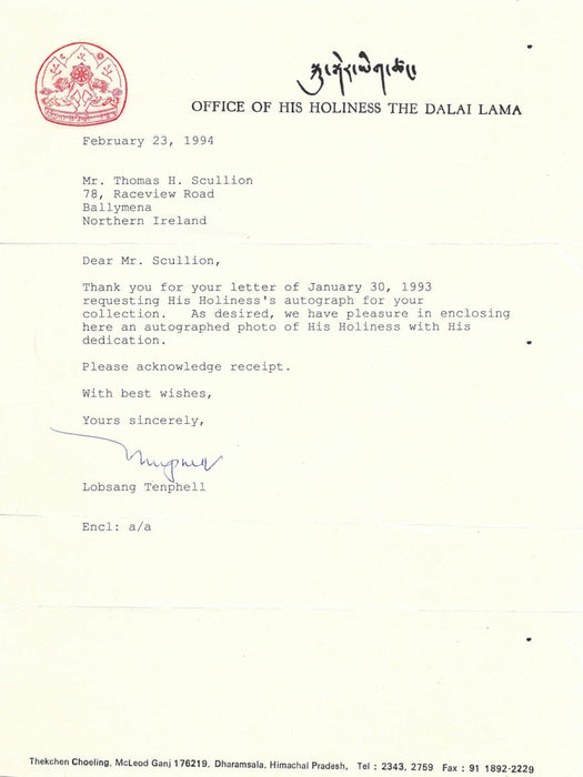 Dalai Lama signed colour photograph