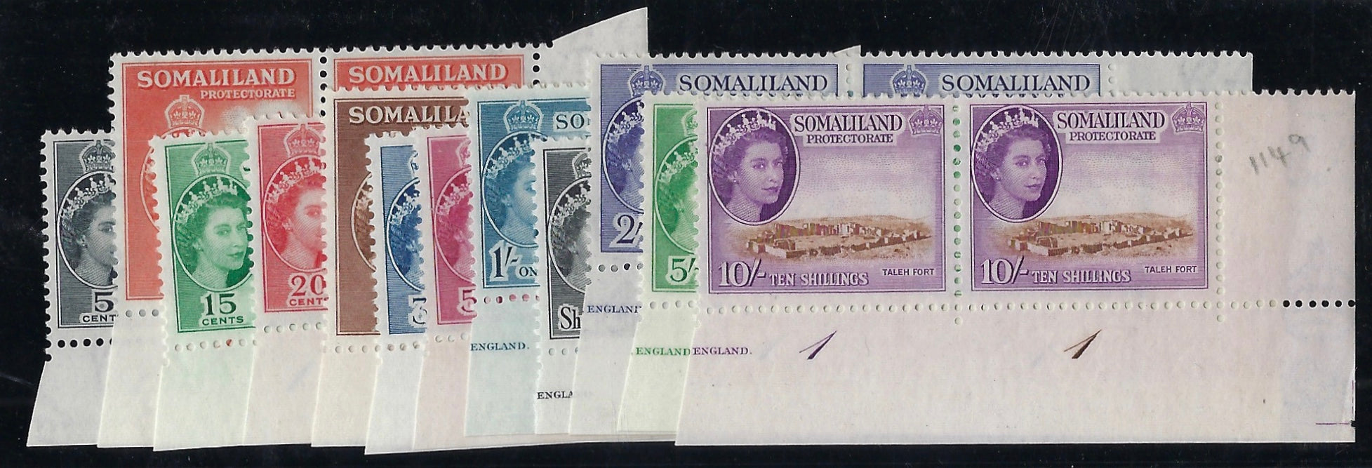 Somaliland 1953-58 set of 12 to 10s in matching lower right corner horizontal pairs with plate number(s) SG137/48