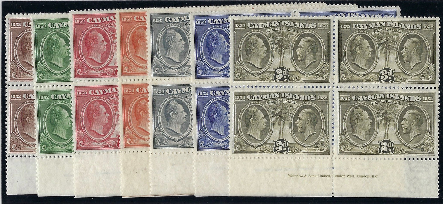 Cayman Islands 1932 Centenary short set of 7 to 3d in imprint blocks of 4 SG84/90