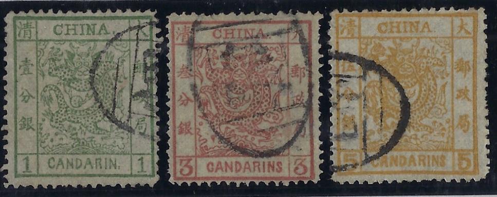China 1878 1ca green, 3ca brown-red and 5ca orange SG 1/3