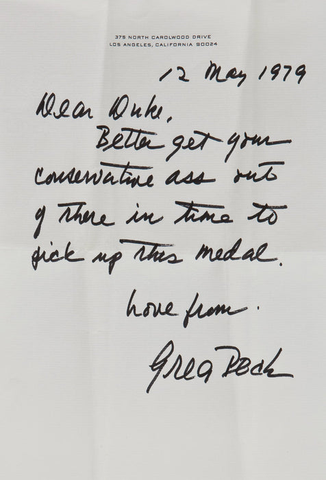 Gregory Peck handwritten letter to John Wayne
