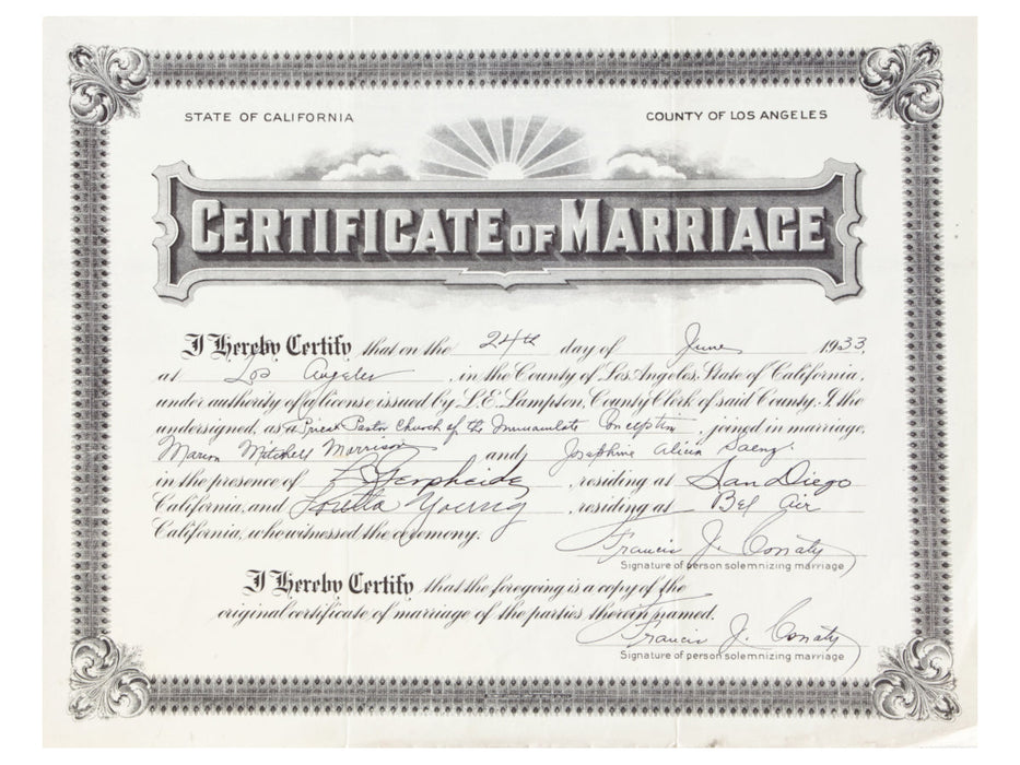 John Wayne's 1933 marriage certificate