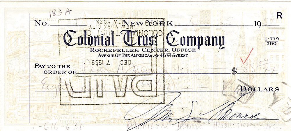 Marilyn Monroe signed bank cheque